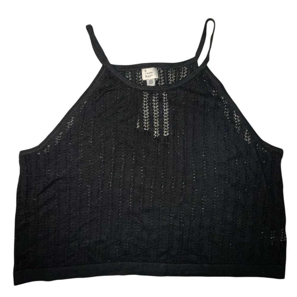 A New Day Womens XXL Black Pointelle Knit Halter Tank Top High Neck Sleeveless